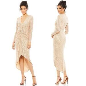 Mac Duggal Women's Ieena Sequin Knotted Long Sleeve Midi Dress NEW NWT
